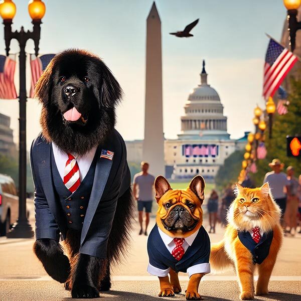 Ai Image Of Dogs Wearing Suits And Walking Down Patriotic Street